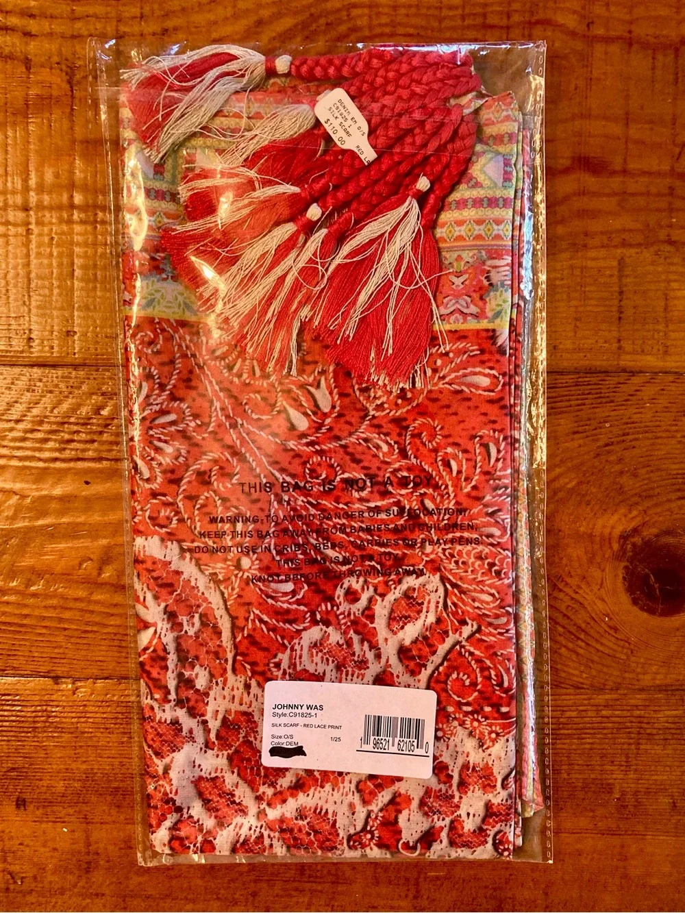 NEW Johnny Was Red Lace Silk Scarf Braided Tassels Red Cream Large 44